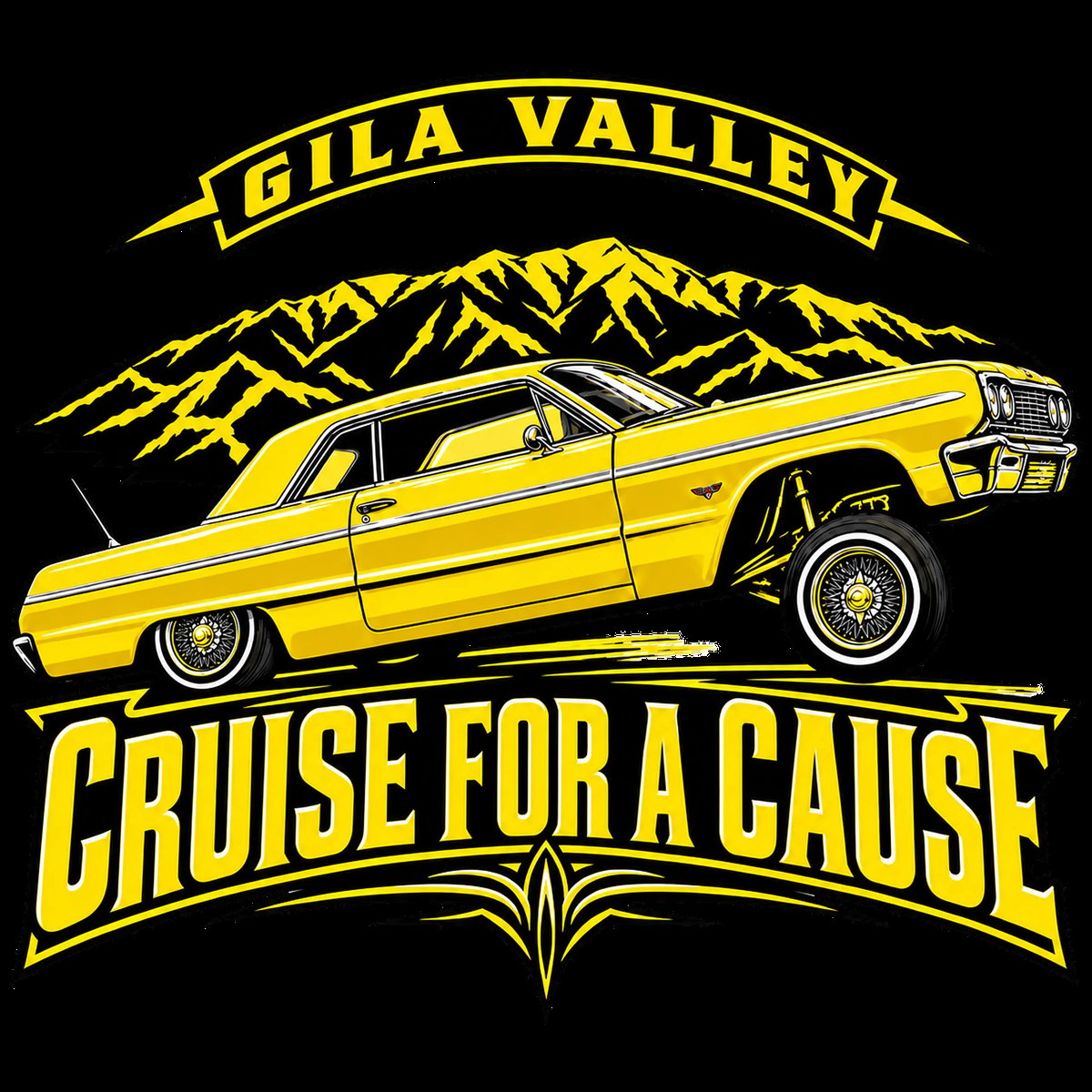 Gila Valley Cruise for a Cause event logo featuring a yellow lowrider car and mountains
